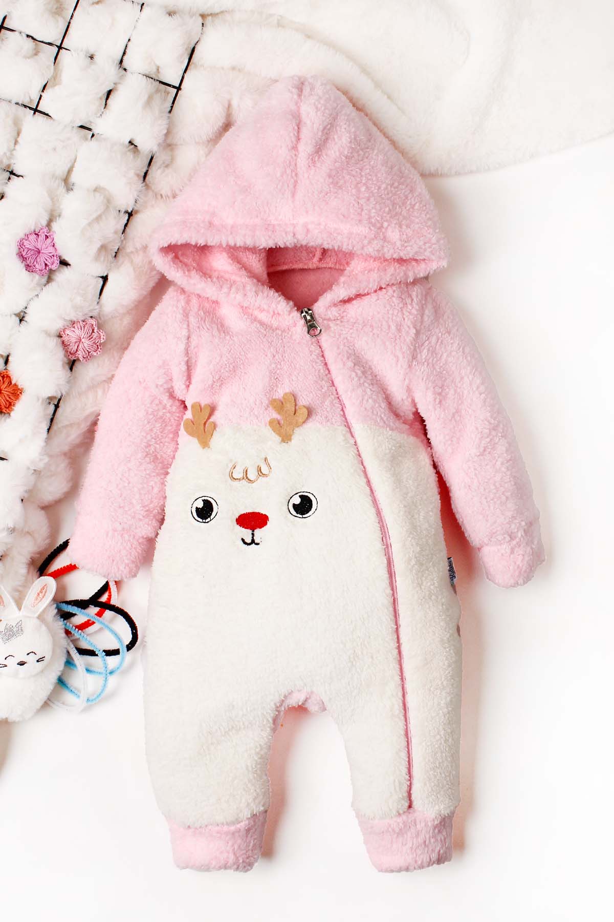 Kız Bebek Geyik Desenli Kalpli Sırt Detaylı Fermuarlı Peluş Tulum 0-12 Ay